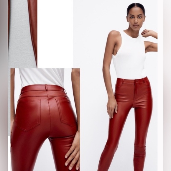 ZARA Sz M Vegan Leather High Rise Zipper at Ankle Unlined Trousers Leggings NEW - Picture 2 of 15